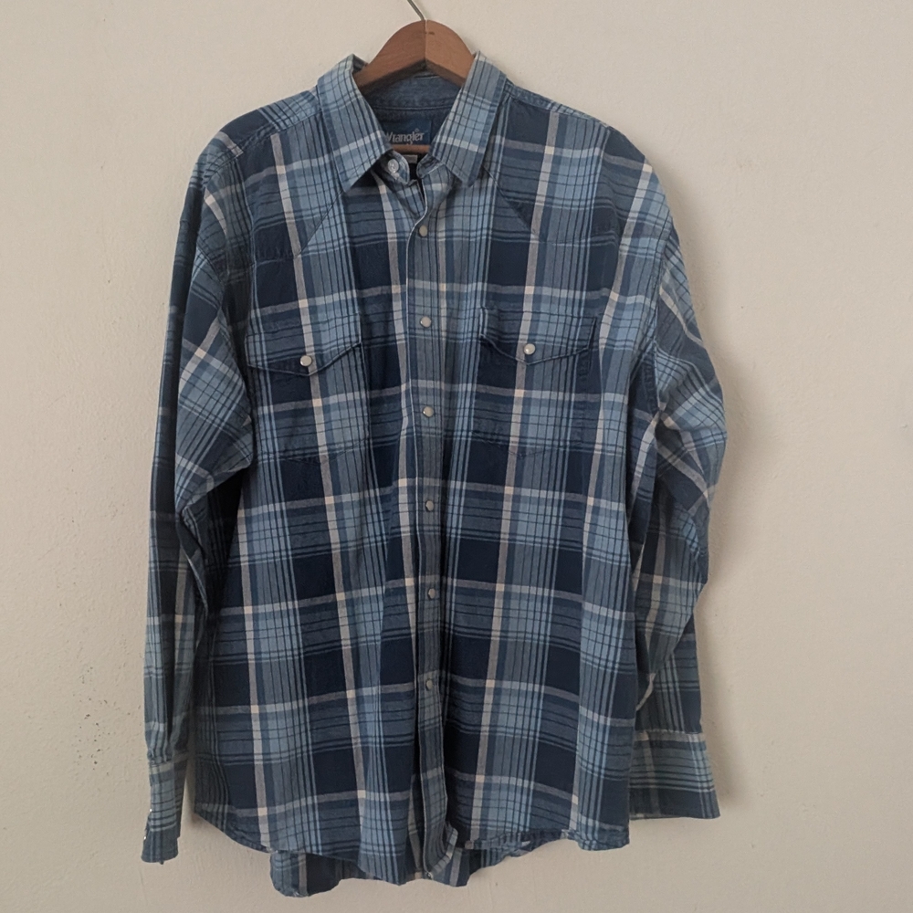 Vintage Wrangler Western Pearl Snap Denim Shirt, Blue/White Plaid, XL